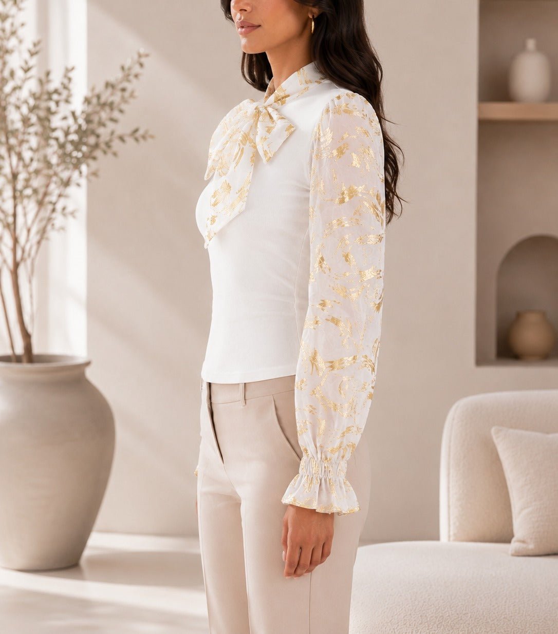 Ladies White Floral Print Tie Neck Mesh Sleeve Top - StylePhase SA