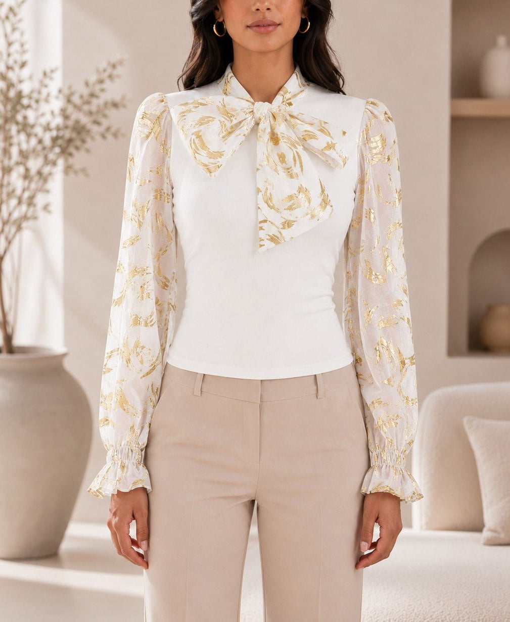 Ladies White Floral Print Tie Neck Mesh Sleeve Top - StylePhase SA