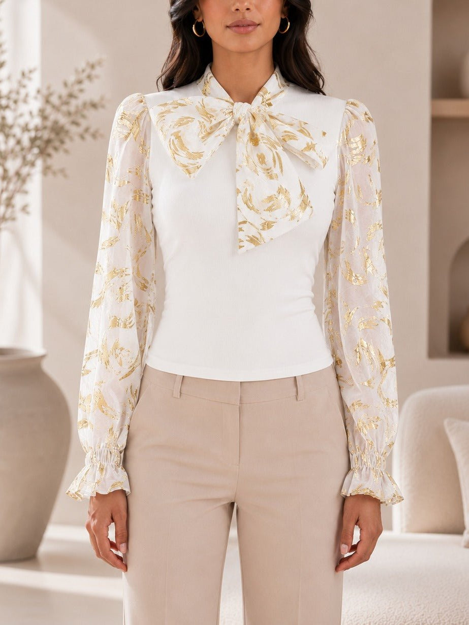 Ladies White Floral Print Tie Neck Mesh Sleeve Top - StylePhase SA