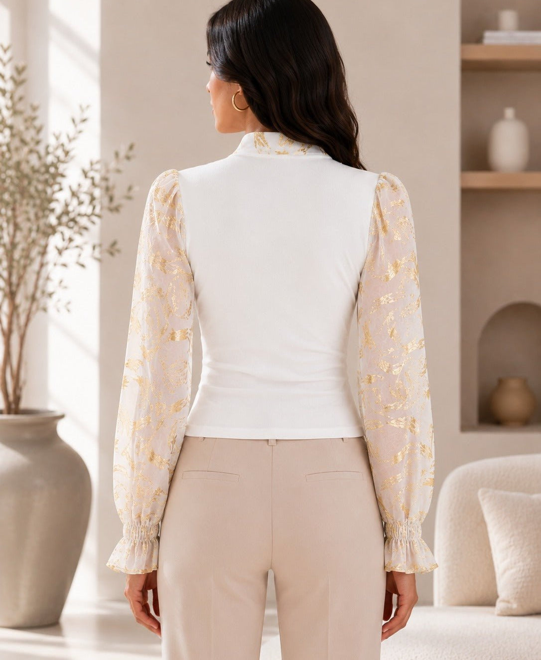 Ladies White Floral Print Tie Neck Mesh Sleeve Top - StylePhase SA