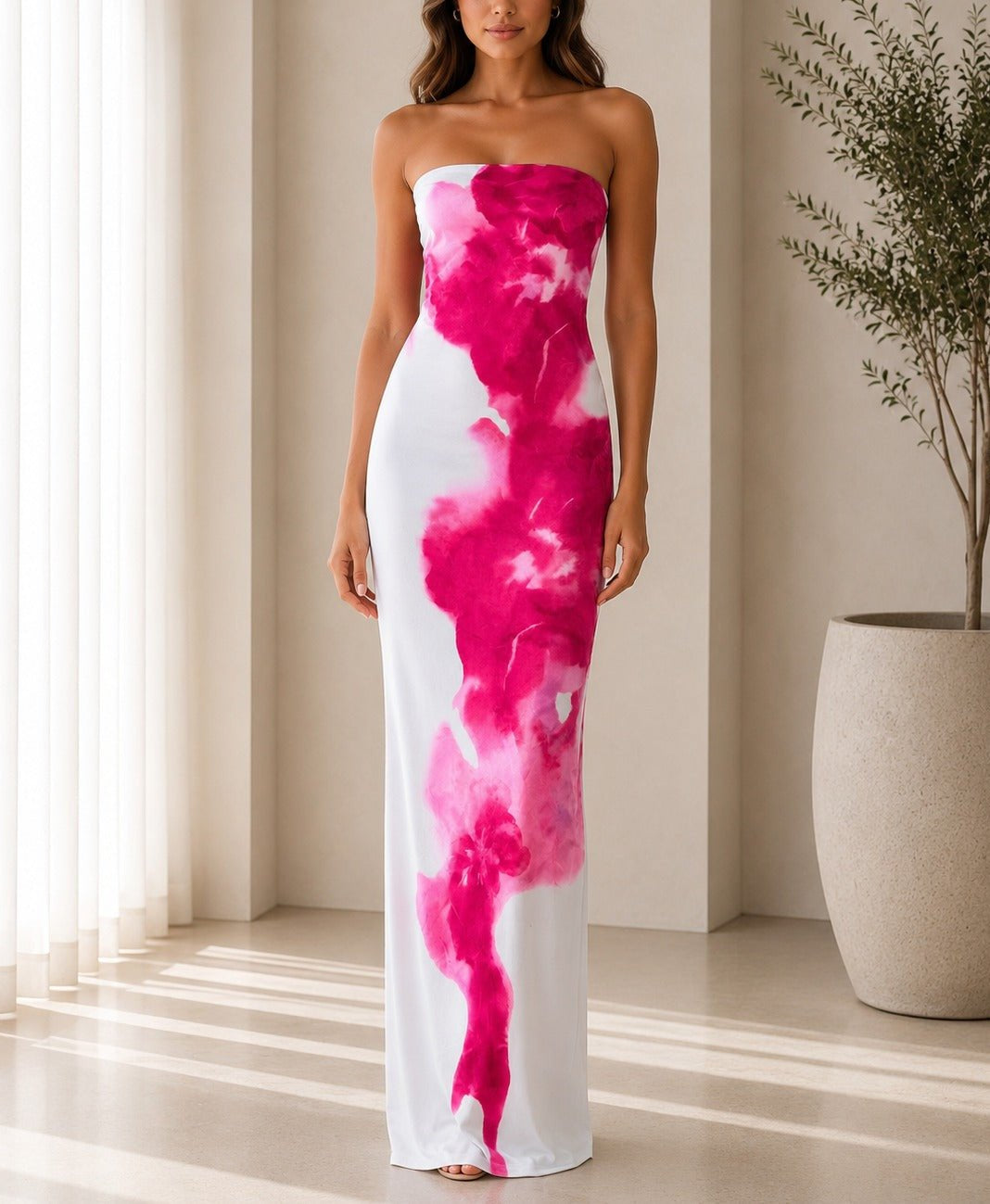 Ladies White Fuchsia Strapless Maxi Dress - StylePhase SA