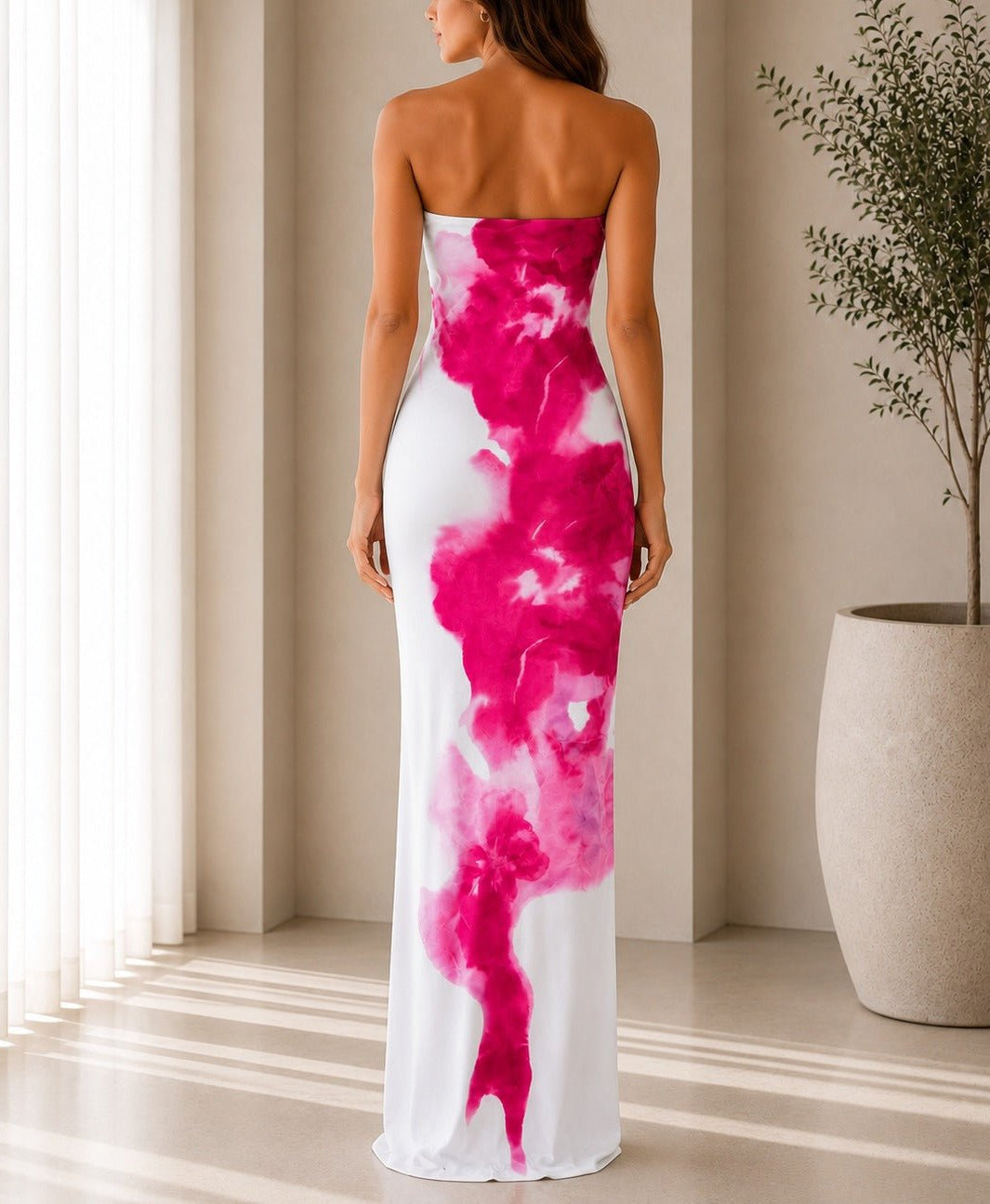 Ladies White Fuchsia Strapless Maxi Dress - StylePhase SA