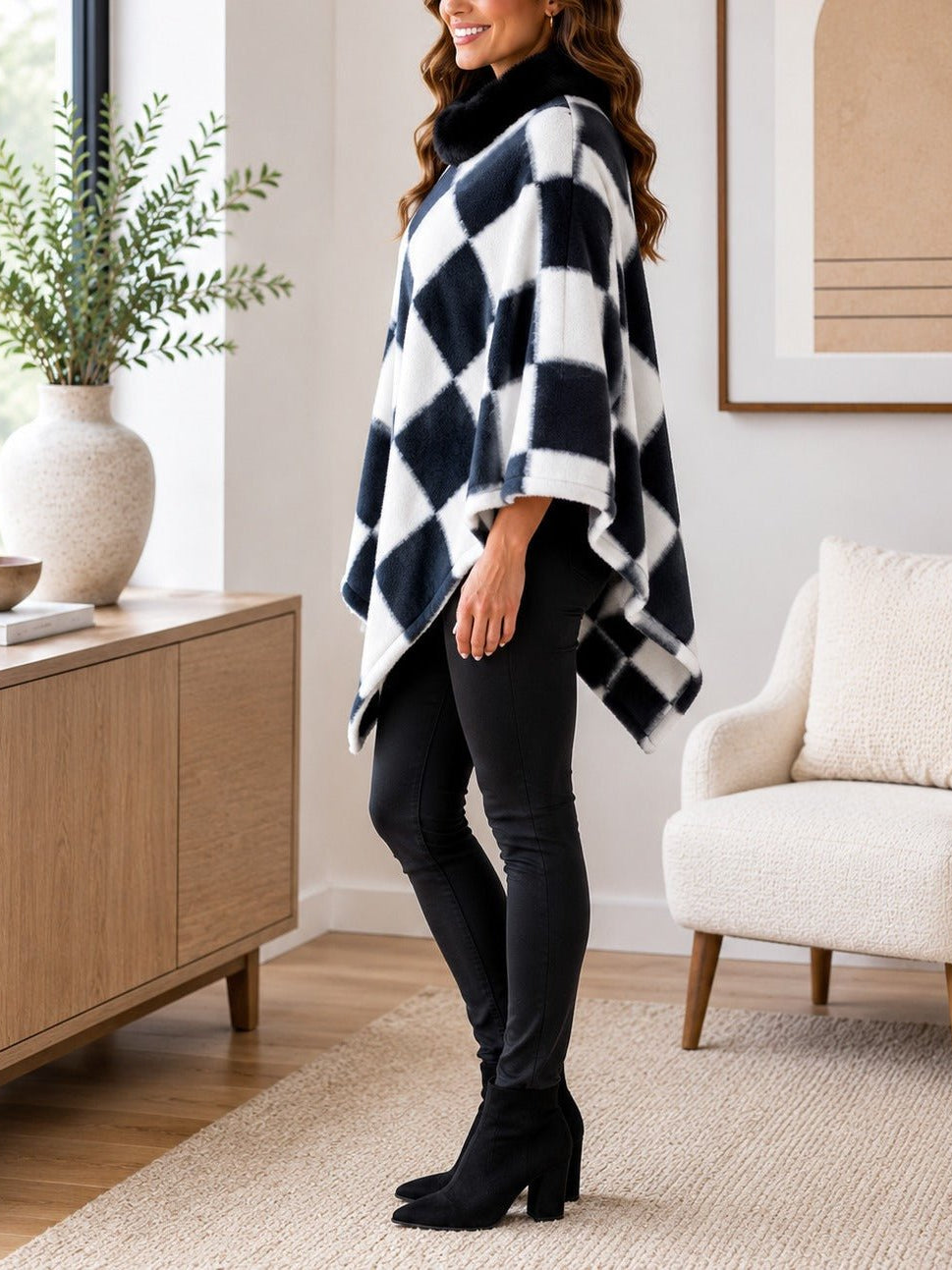 Ladies White Fur Collar Poncho - StylePhase SA