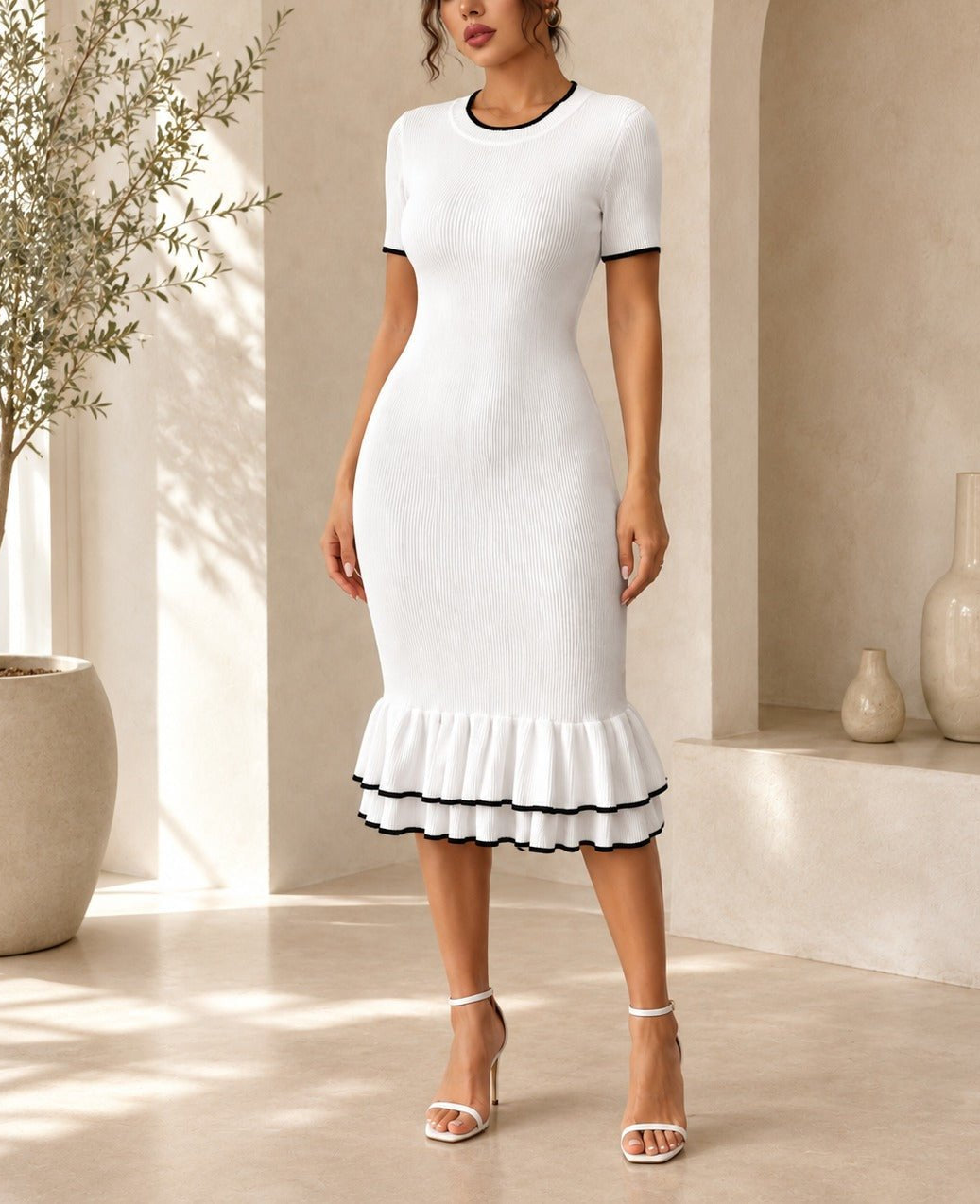 Ladies White Jersey Ruffle Dress- New Feeling - StylePhase SA