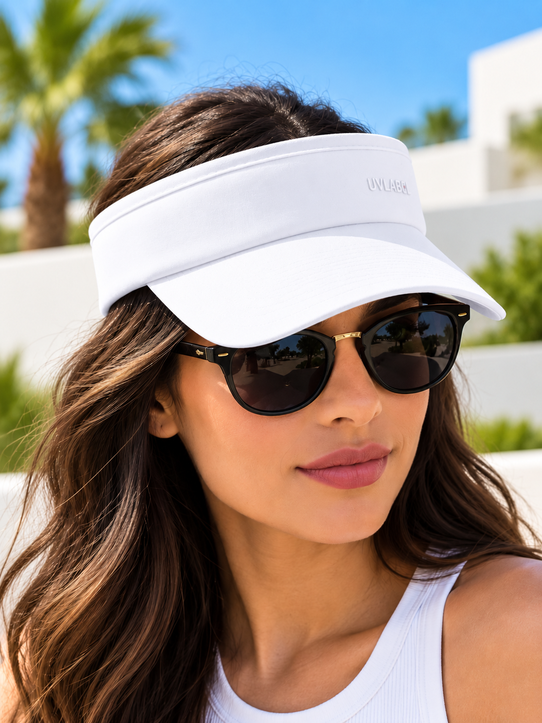 Ladies white open-top sun visor with curved stitched brim