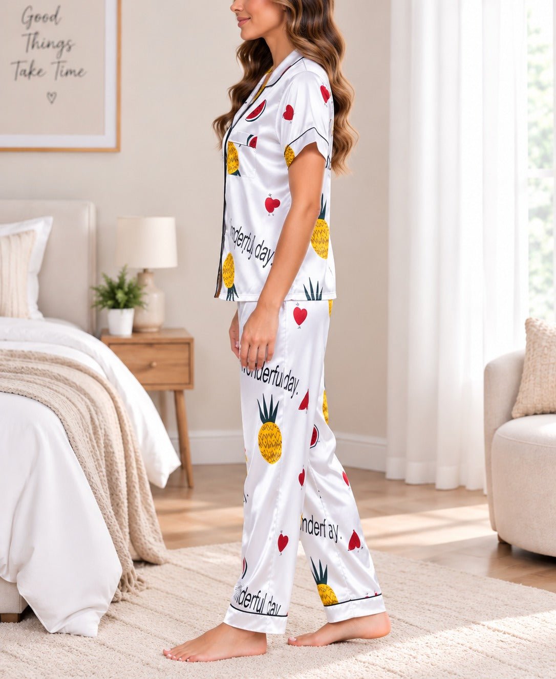 Ladies White Pineapple Print Satin Pyjama Set - StylePhase SA