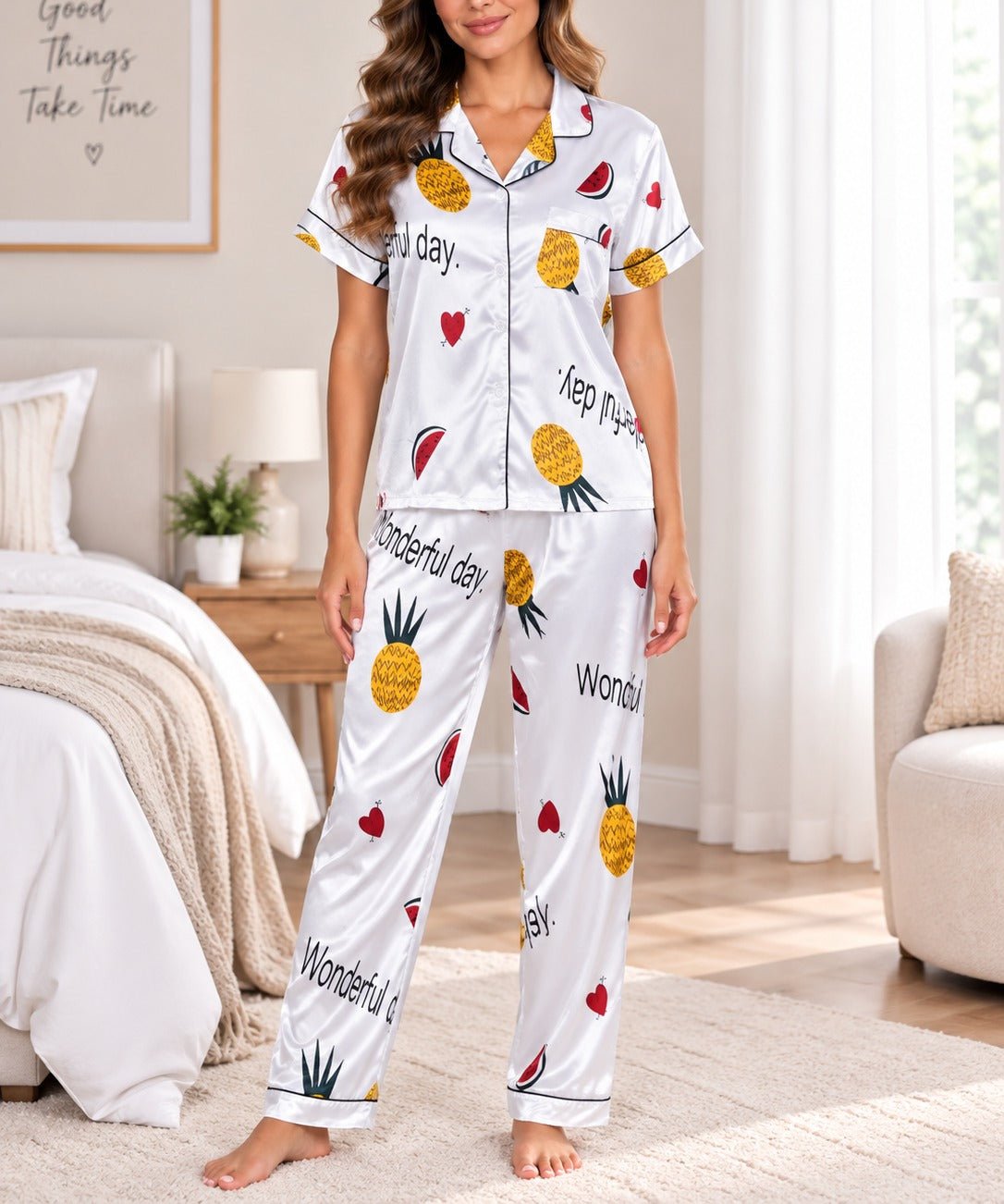 Ladies White Pineapple Print Satin Pyjama Set - StylePhase SA