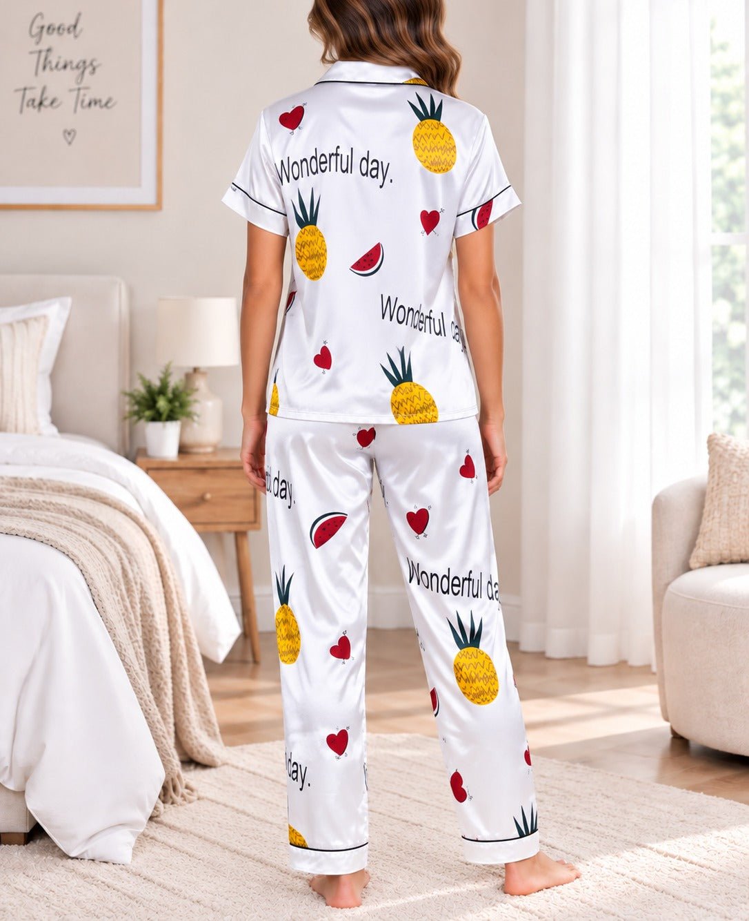 Ladies White Pineapple Print Satin Pyjama Set - StylePhase SA
