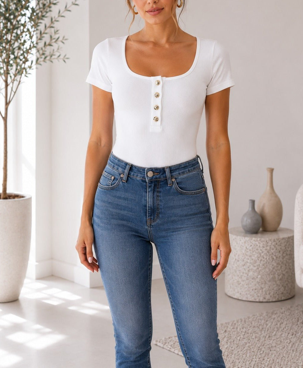 Ladies White Ribbed Short Sleeve Bodysuit - StylePhase SA