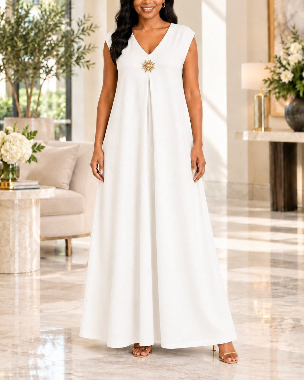 Ladies White Sleeveless Sunburst Brooch Maxi Dress - StylePhase SA