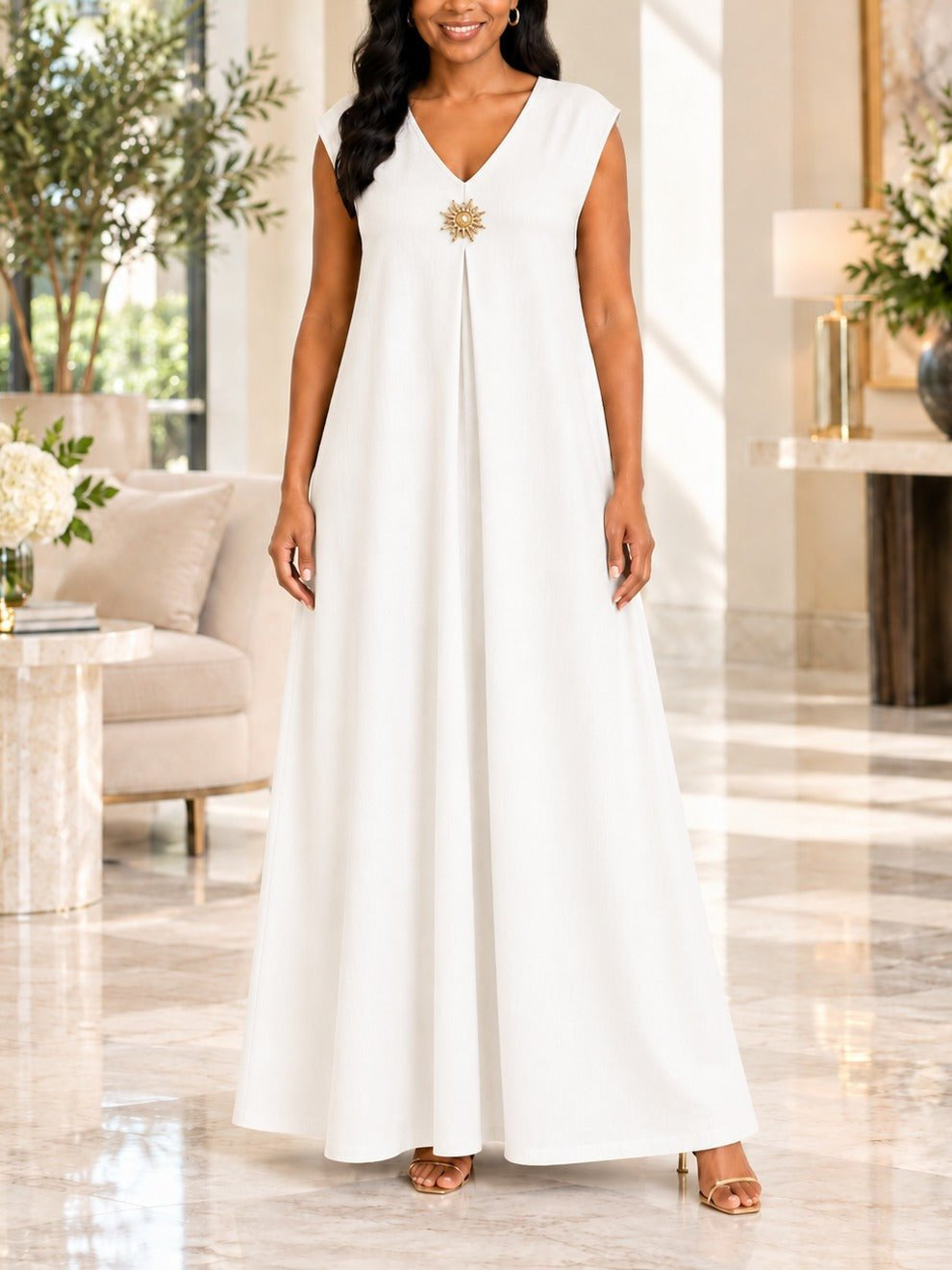 Ladies White Sleeveless Sunburst Brooch Maxi Dress - StylePhase SA