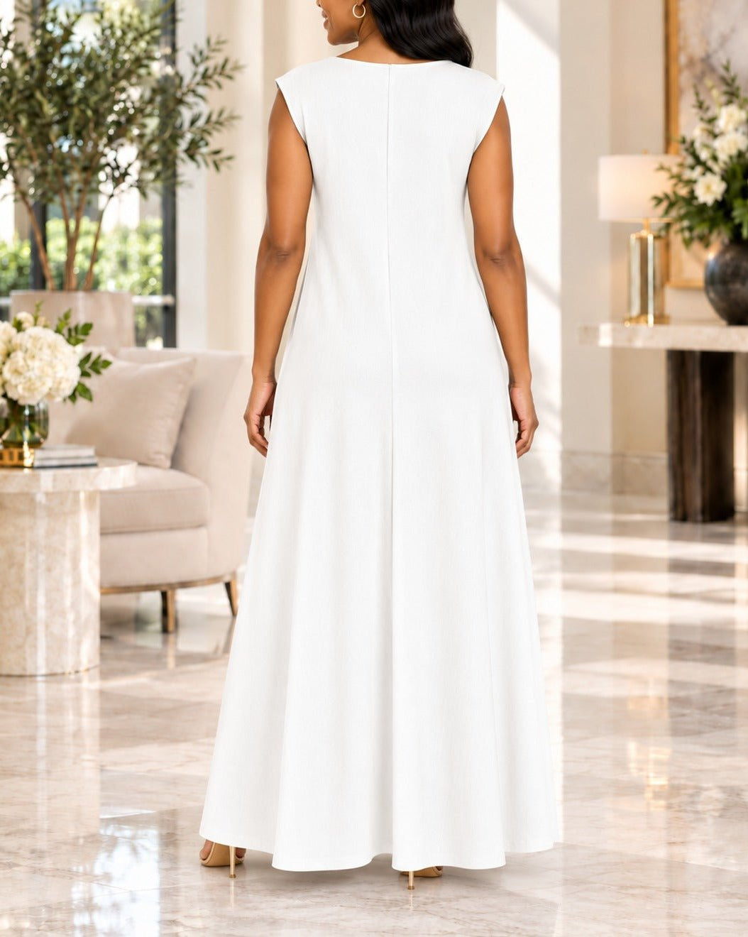 Ladies White Sleeveless Sunburst Brooch Maxi Dress - StylePhase SA