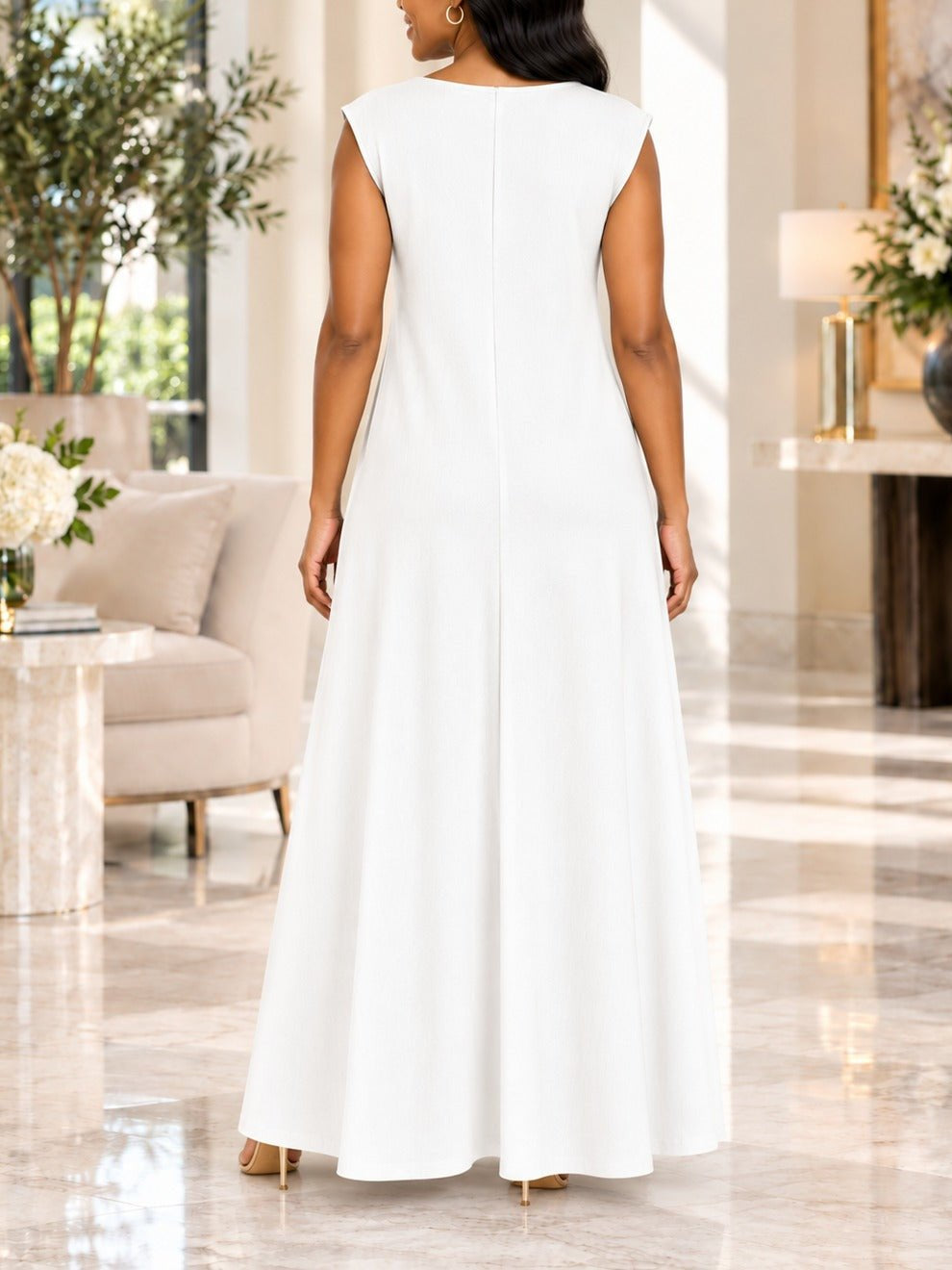 Ladies White Sleeveless Sunburst Brooch Maxi Dress - StylePhase SA