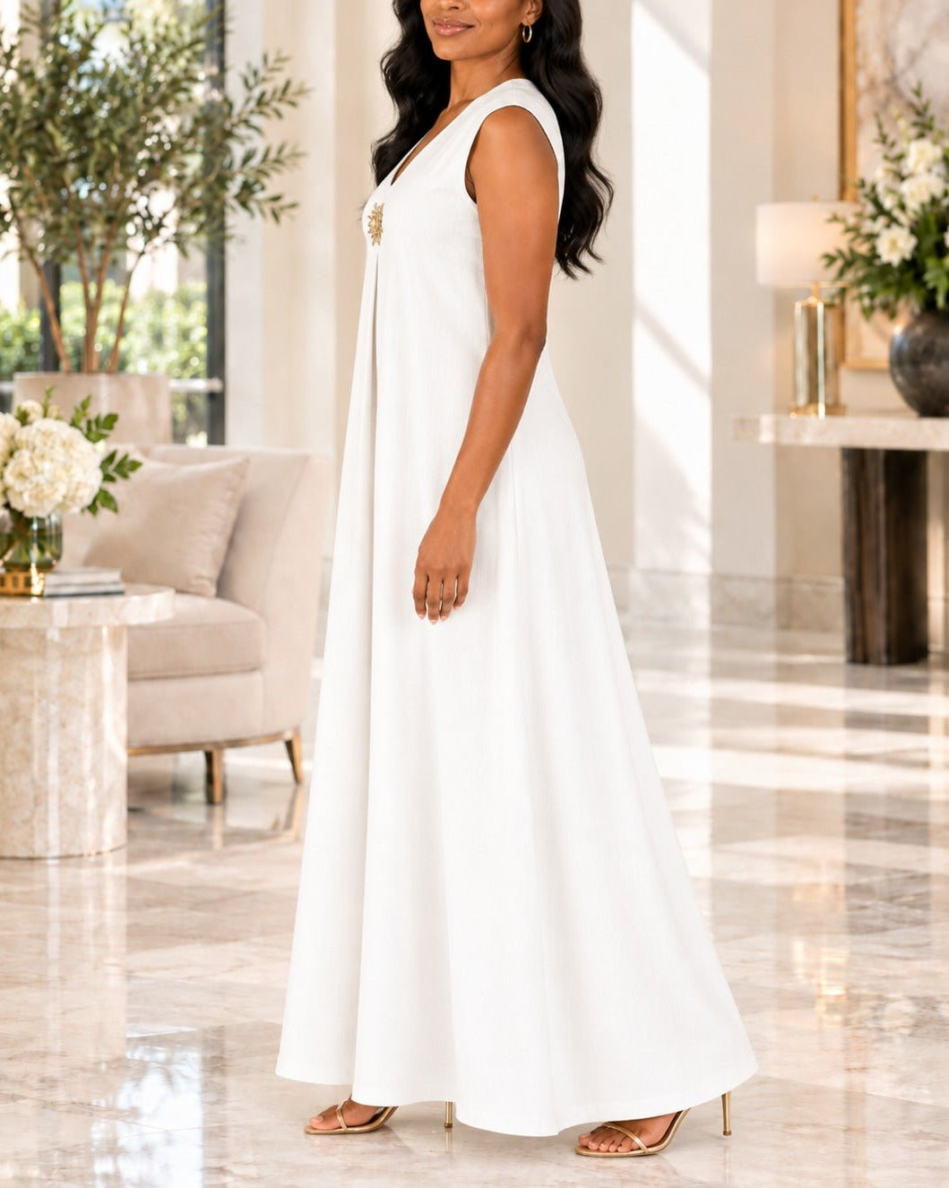 Ladies White Sleeveless Sunburst Brooch Maxi Dress - StylePhase SA