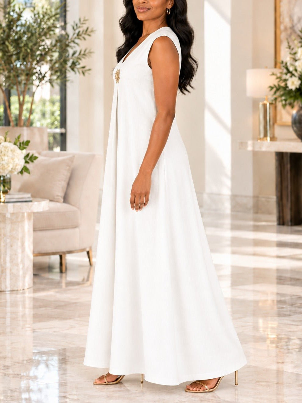 Ladies White Sleeveless Sunburst Brooch Maxi Dress - StylePhase SA