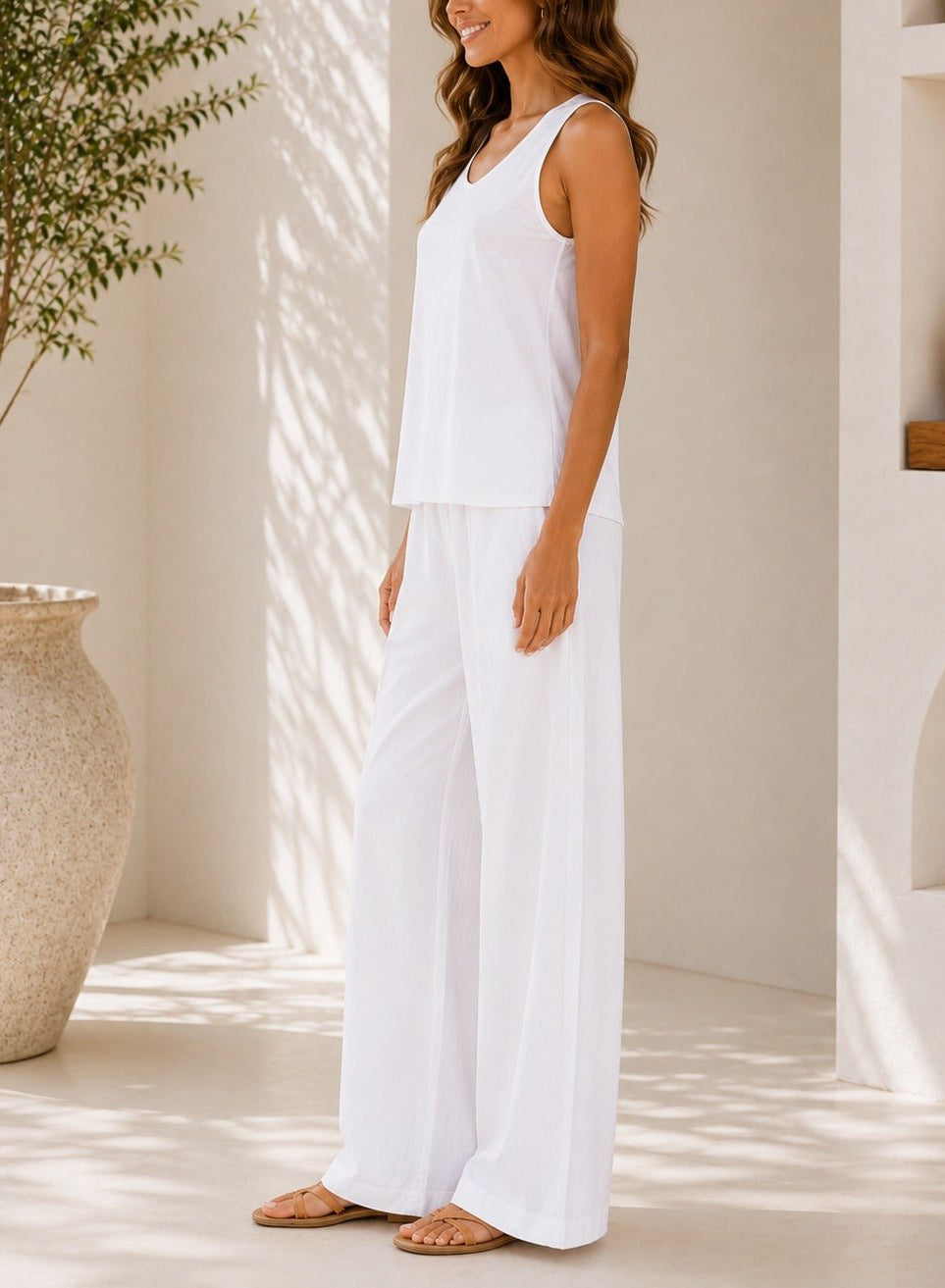 Ladies White Sleeveless Two-piece New Feeling Set - StylePhase SA