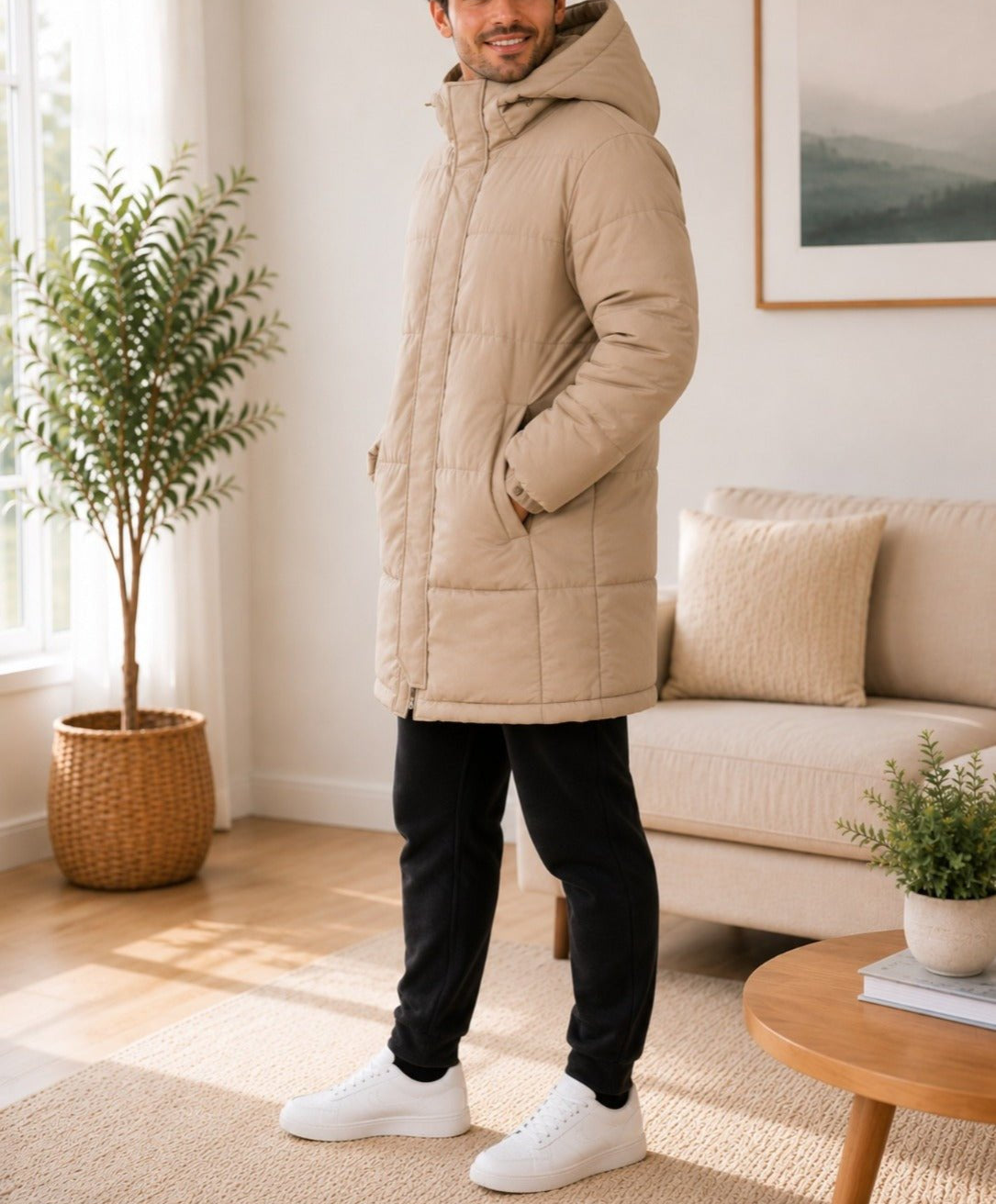 Mens Beige Hooded Funnel Neck Jacket - StylePhase SA