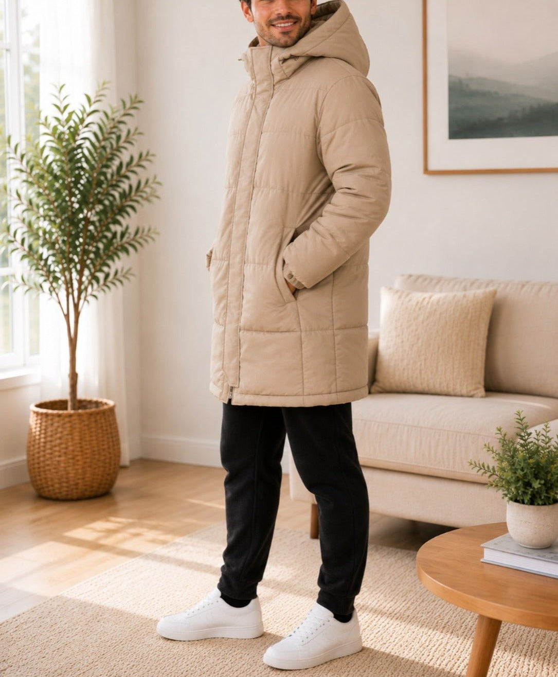 Mens Beige Hooded Funnel Neck Jacket - StylePhase SA