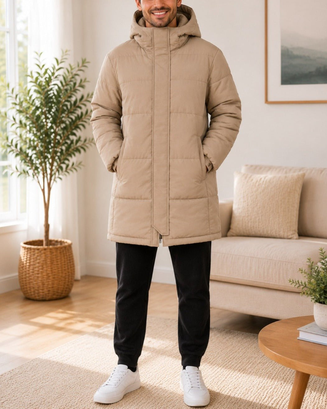 Mens Beige Hooded Funnel Neck Jacket - StylePhase SA