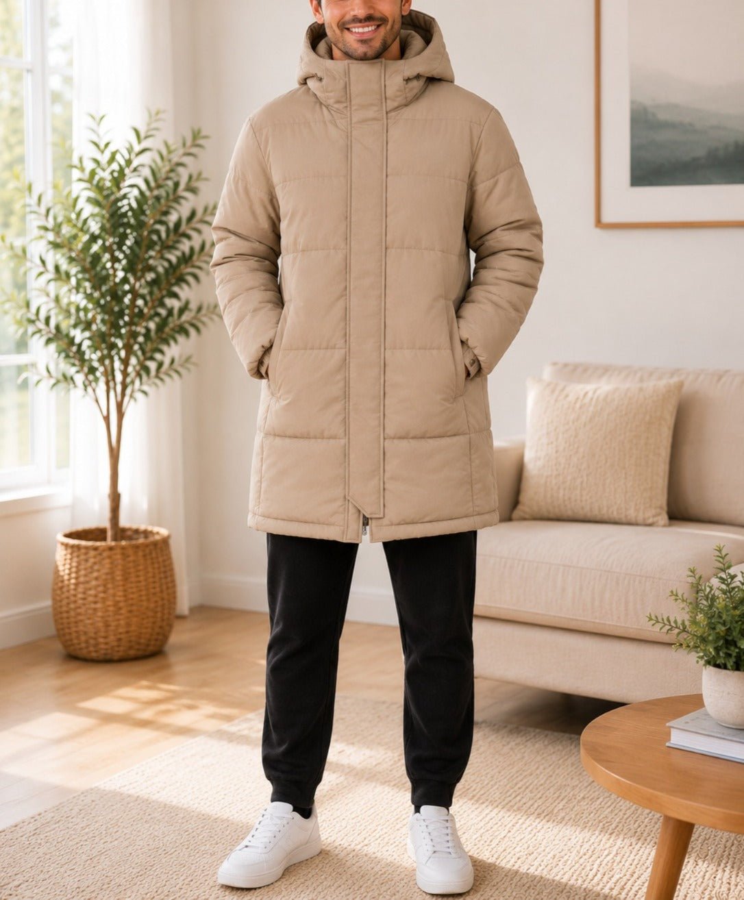 Mens Beige Hooded Funnel Neck Jacket - StylePhase SA