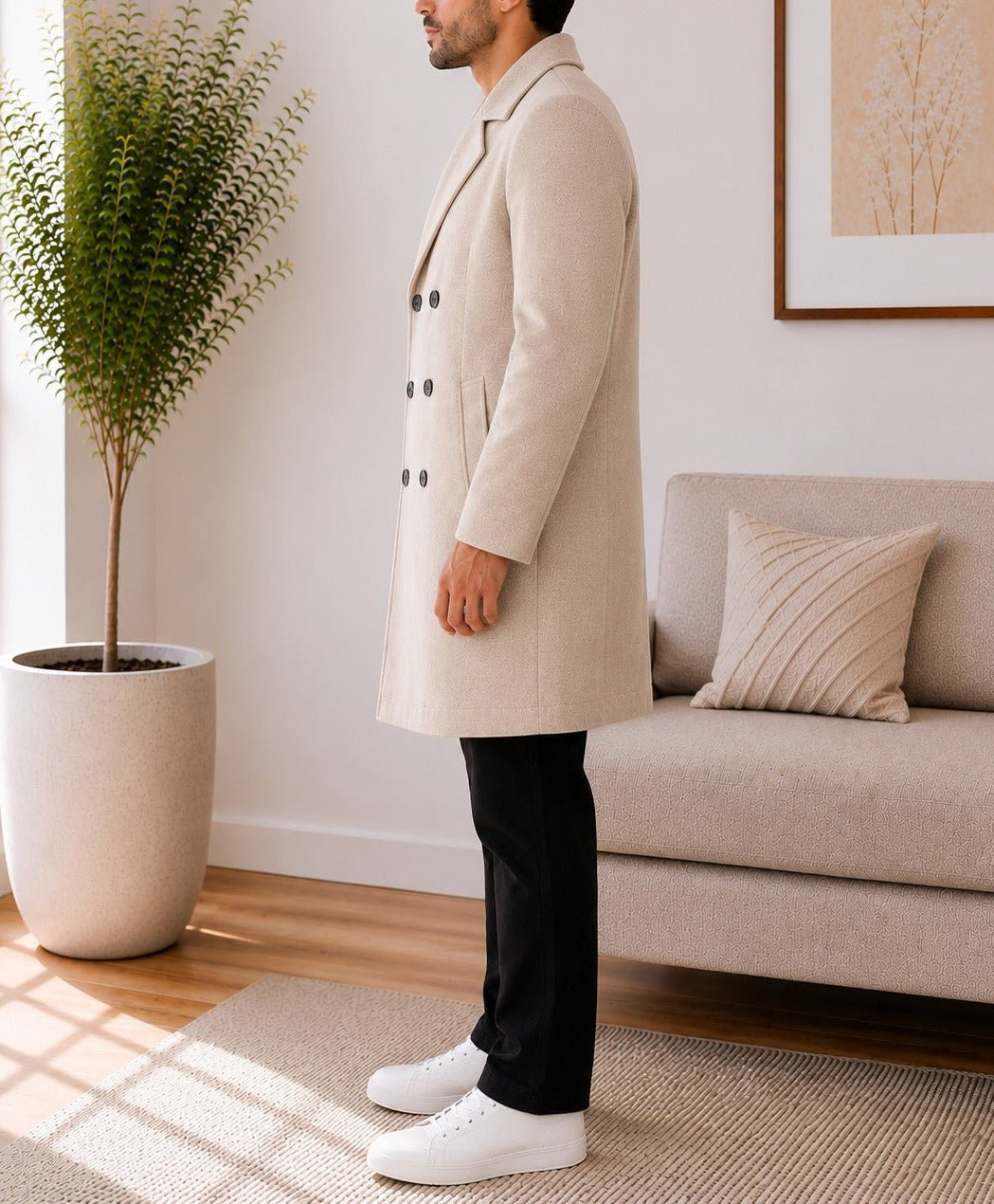 Mens Beige Lined Melton Coat - StylePhase SA