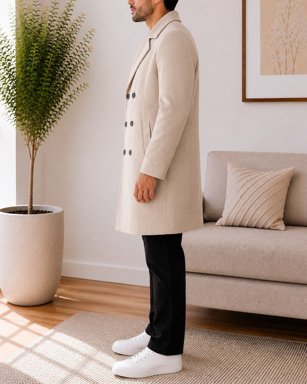 Mens Beige Lined Melton Coat - StylePhase SA