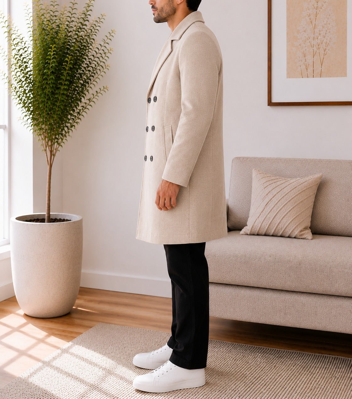 Mens Beige Lined Melton Coat - StylePhase SA