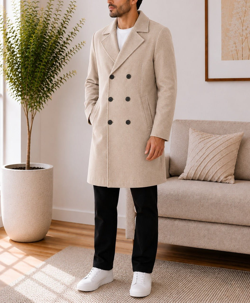 Mens Beige Lined Melton Coat - StylePhase SA