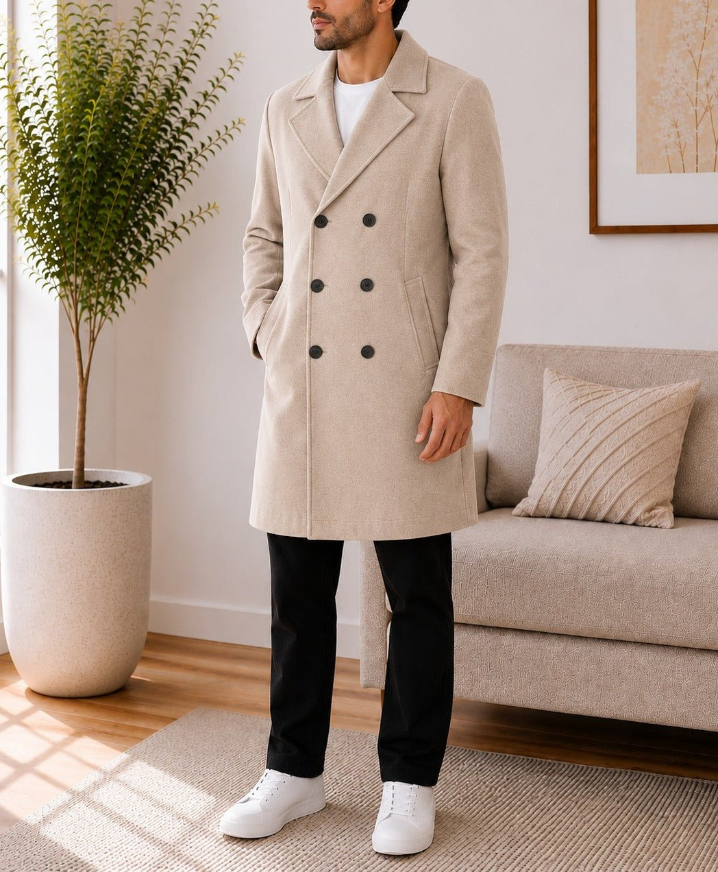 Mens Beige Lined Melton Coat - StylePhase SA