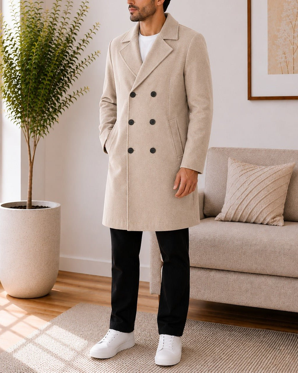 Mens Beige Lined Melton Coat - StylePhase SA
