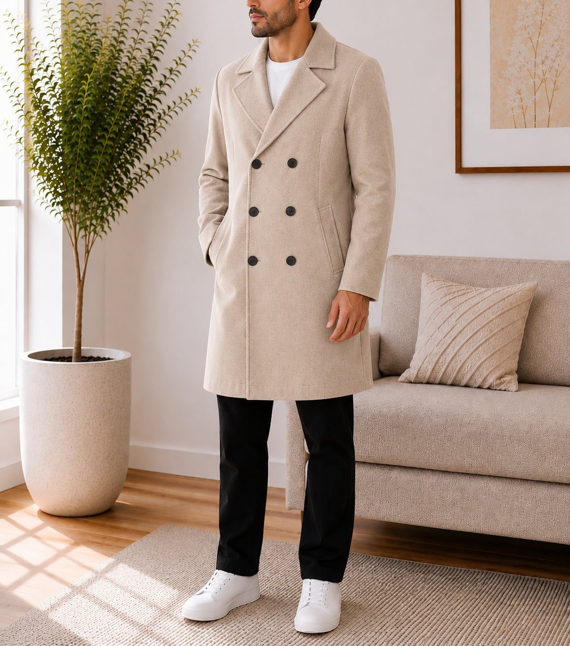 Mens Beige Lined Melton Coat - StylePhase SA