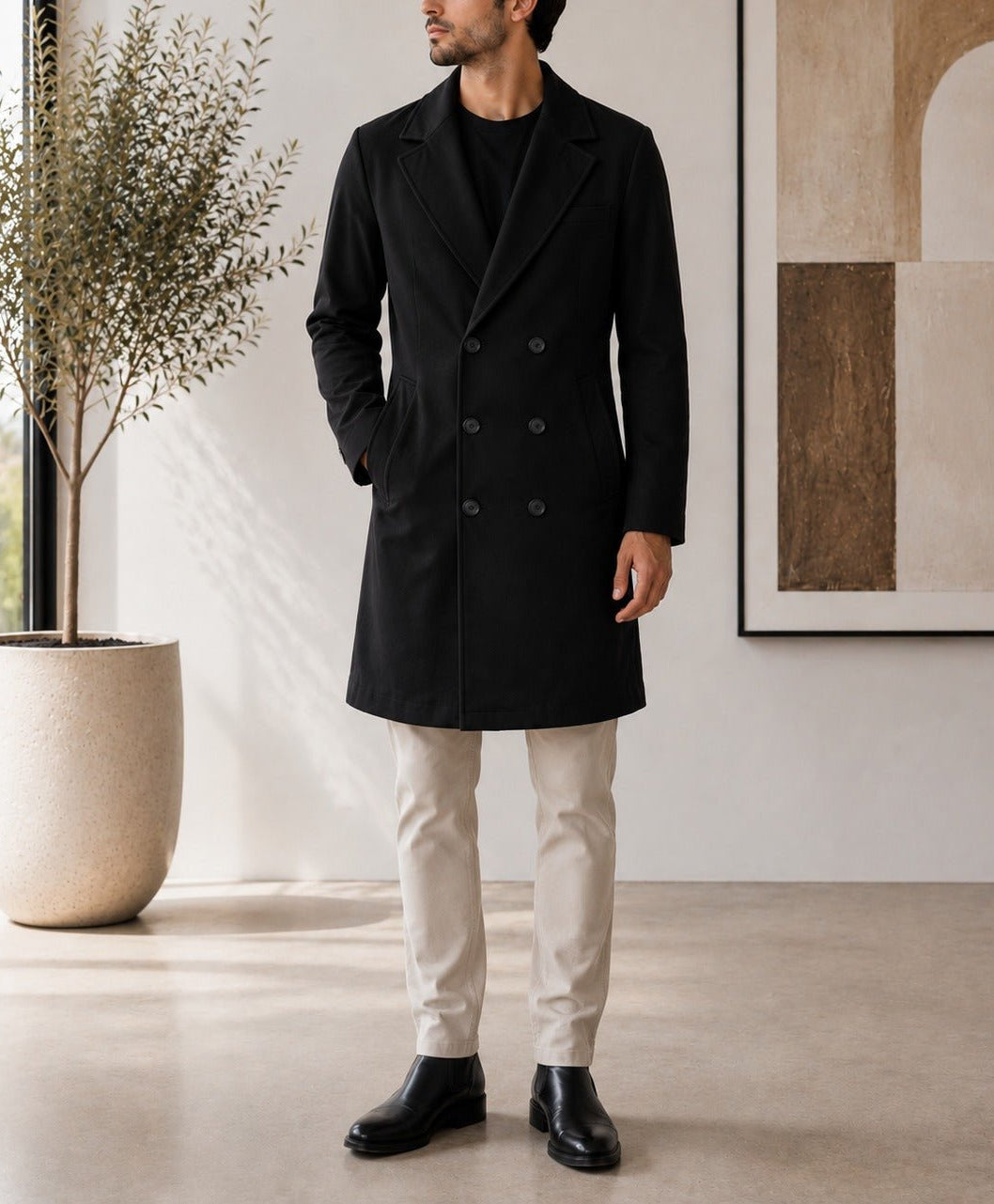 Men's Black Double Breasted Melton Coat - StylePhase SA