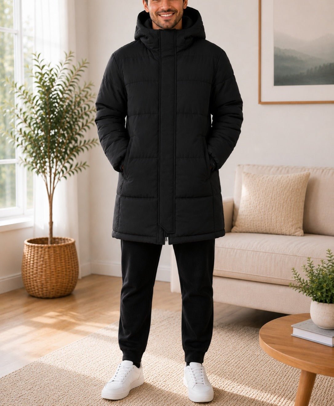 Mens Black Hooded Funnel Neck Jacket - StylePhase SA