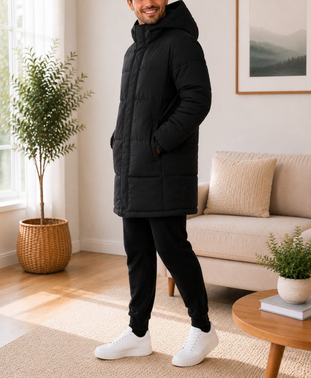 Mens Black Hooded Funnel Neck Jacket - StylePhase SA