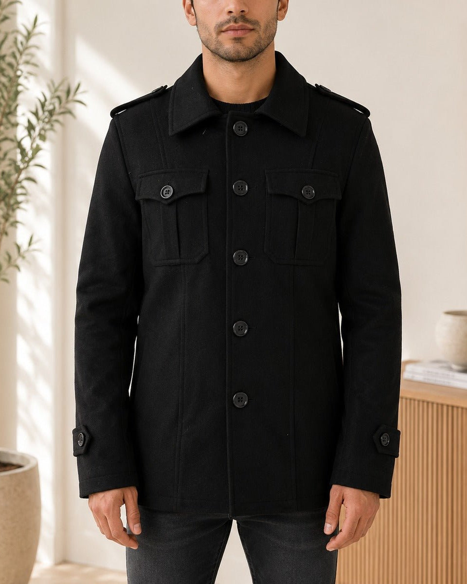 Men's Black Lined Flap Pocket Melton Coat - StylePhase SA