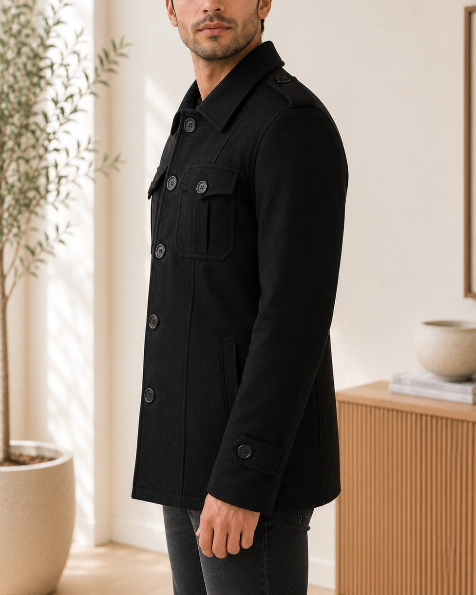 Men's Black Lined Flap Pocket Melton Coat - StylePhase SA