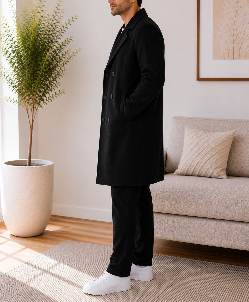 Mens Black Lined Melton Coat - StylePhase SA