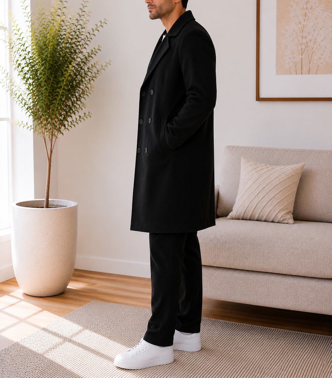 Mens Black Lined Melton Coat - StylePhase SA