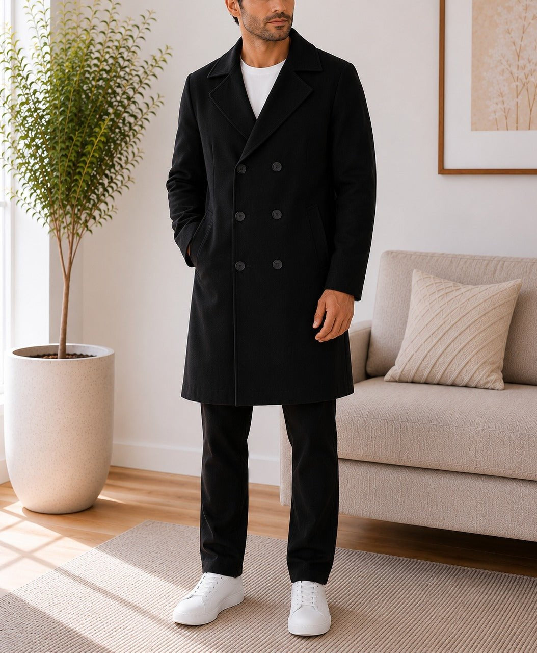 Mens Black Lined Melton Coat - StylePhase SA