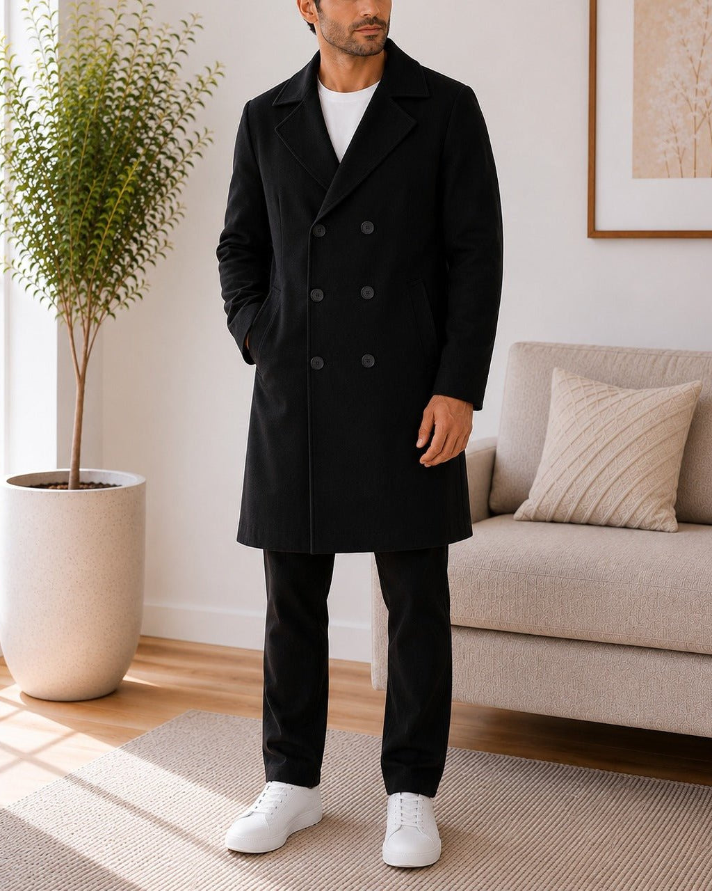 Mens Black Lined Melton Coat - StylePhase SA