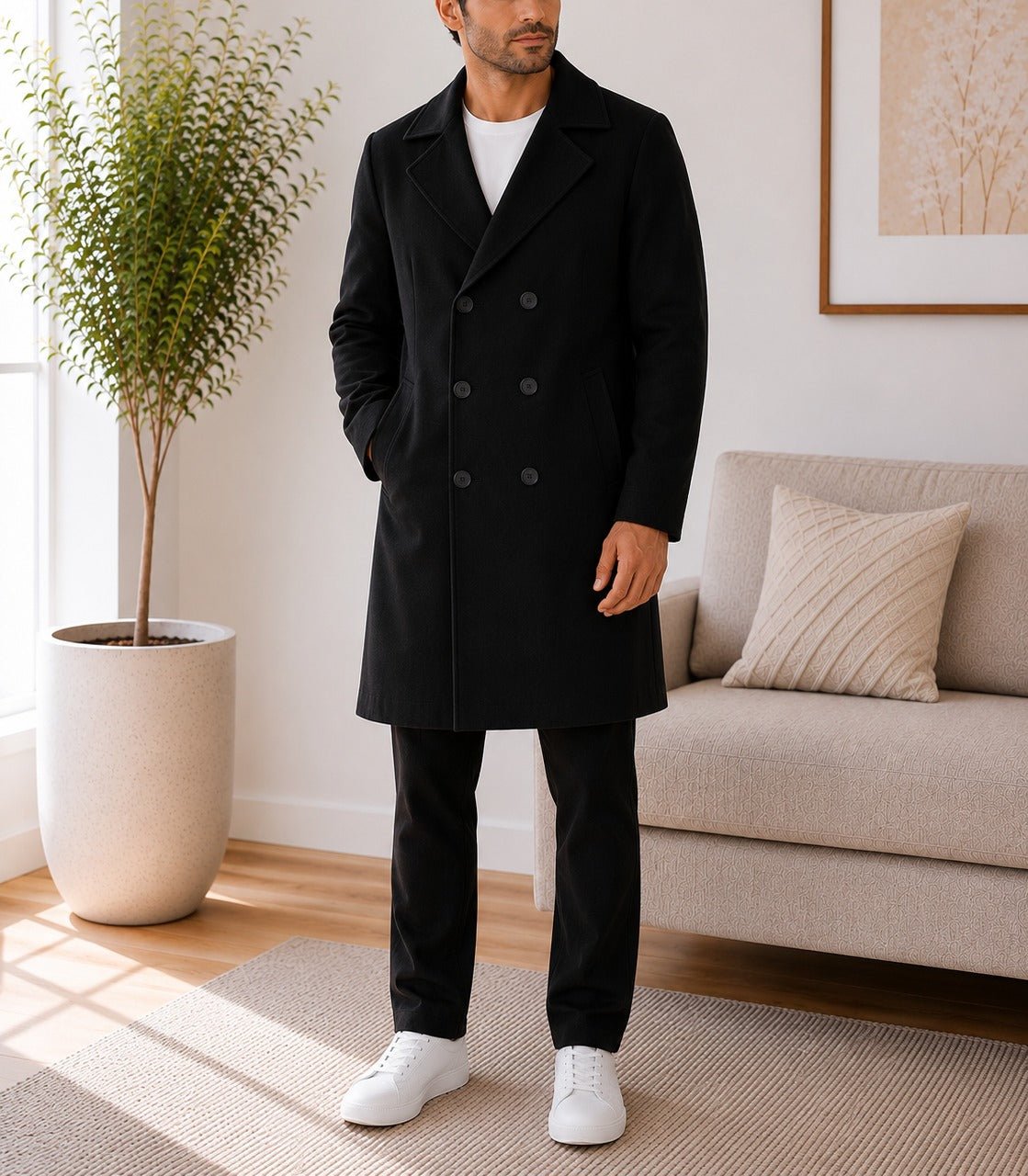 Mens Black Lined Melton Coat - StylePhase SA