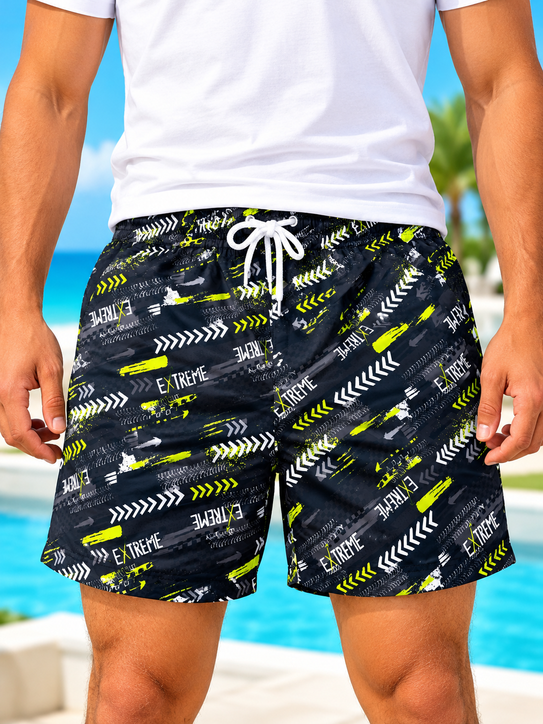 side view of men's black and neon yellow Extreme print shorts
