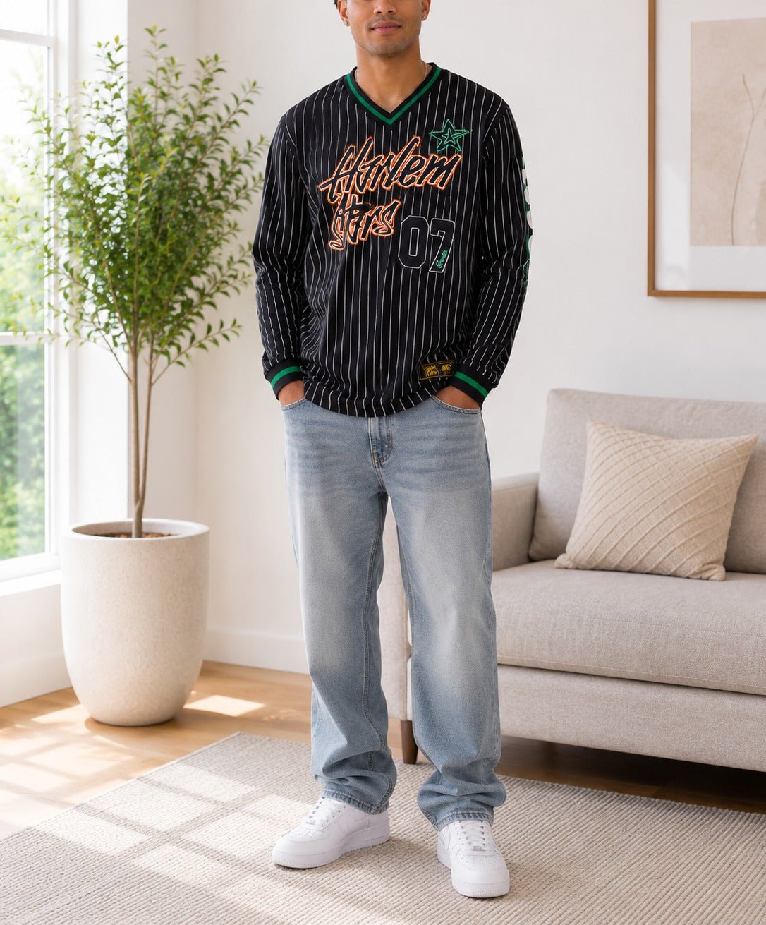 Men's Black pinstripe Harlem Printed Long Sleeve Shirt - StylePhase SA