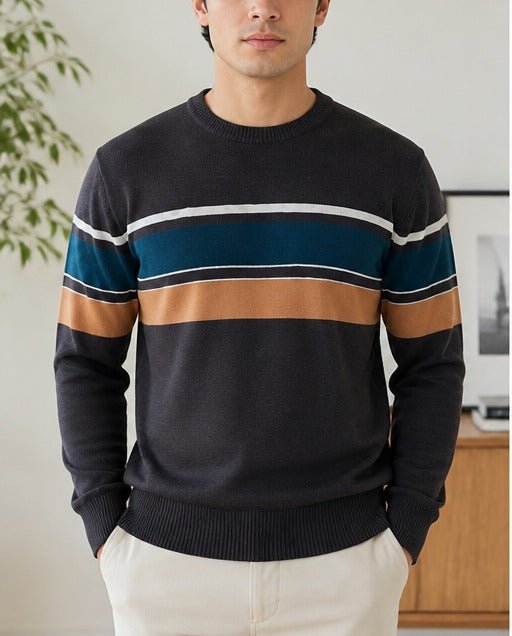 Men's Brown & Teal Stripe Round Neck Sweater - StylePhase SA