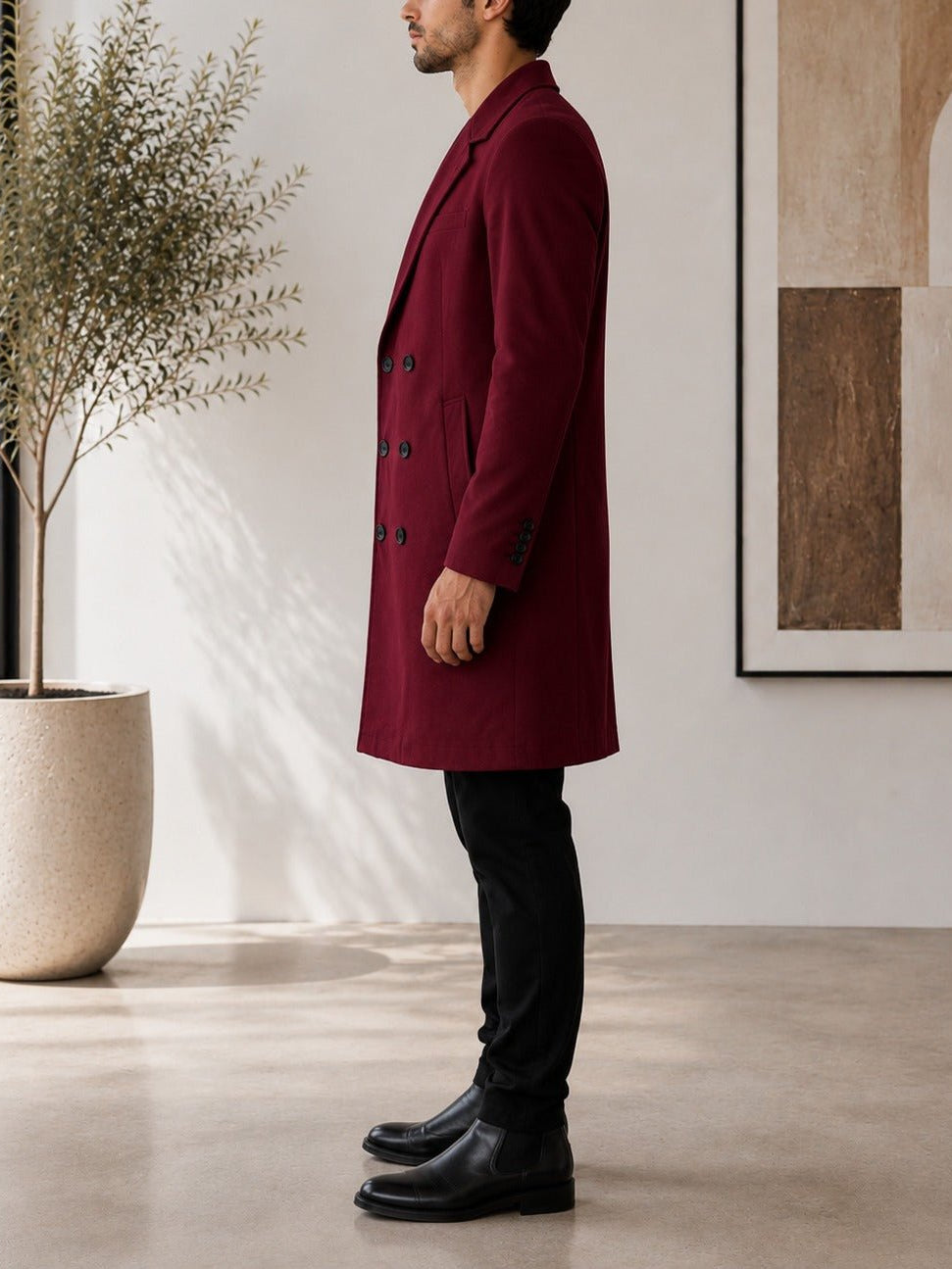Men's Burgundy Double Breasted Melton Coat - StylePhase SA