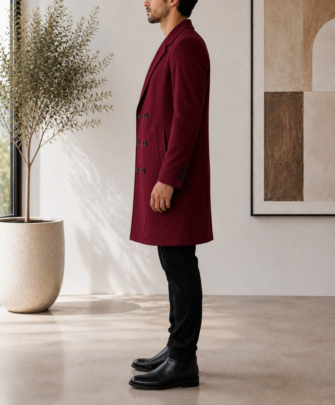 Men's Burgundy Double Breasted Melton Coat - StylePhase SA