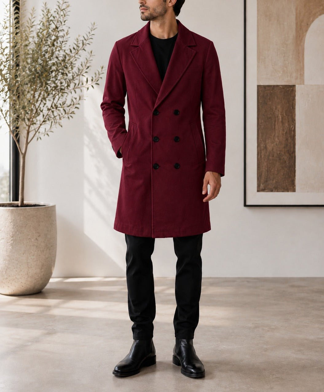Men's Burgundy Double Breasted Melton Coat - StylePhase SA