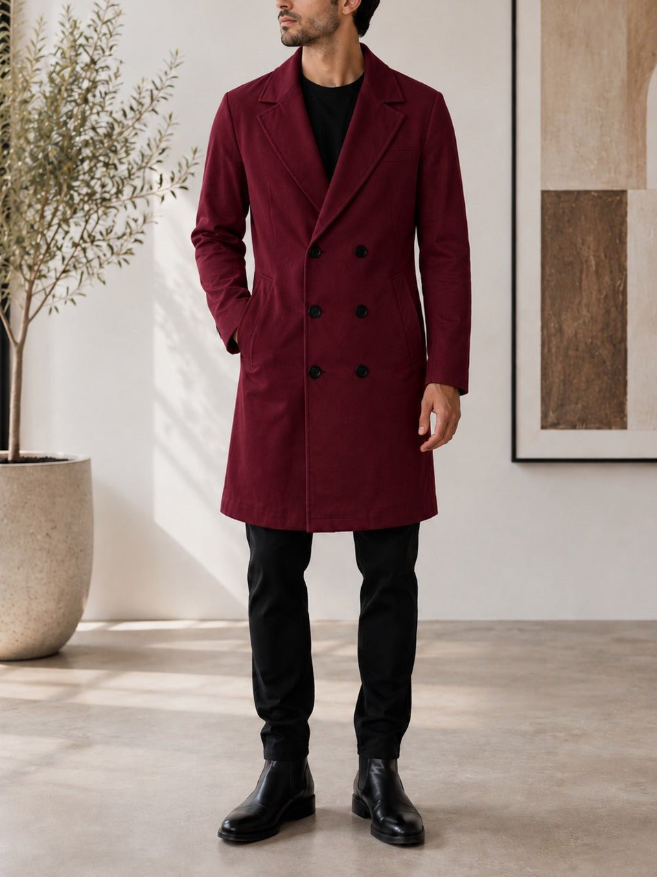 Men's Burgundy Double Breasted Melton Coat - StylePhase SA