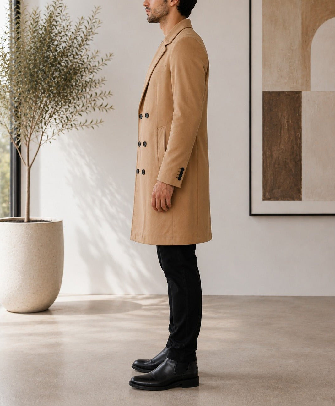 Men's Camel Double Breasted Melton Coat - StylePhase SA