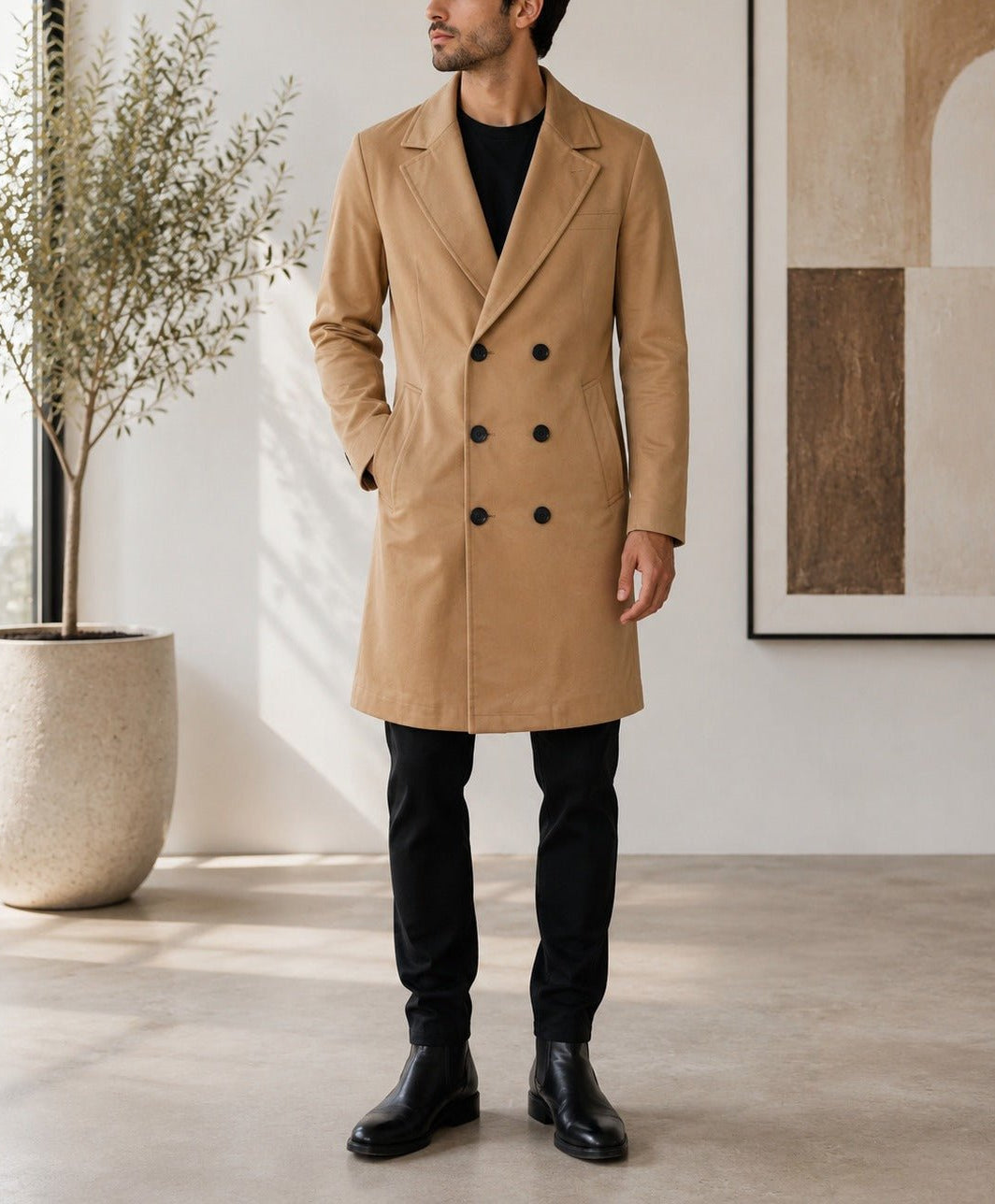 Men's Camel Double Breasted Melton Coat - StylePhase SA